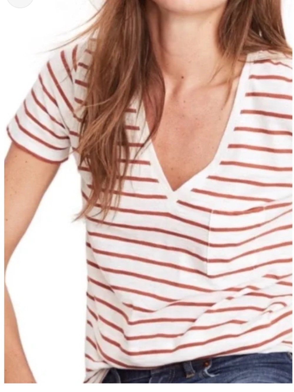 Madewell Whisper Cotton V-Neck Burnt Orange Rust Striped Pocket T-Shirt Size M